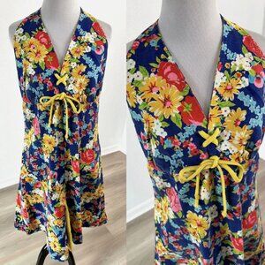 Vintage 60s 70s Floral Handmade Metal Zipper Halter Fit Flare Dress